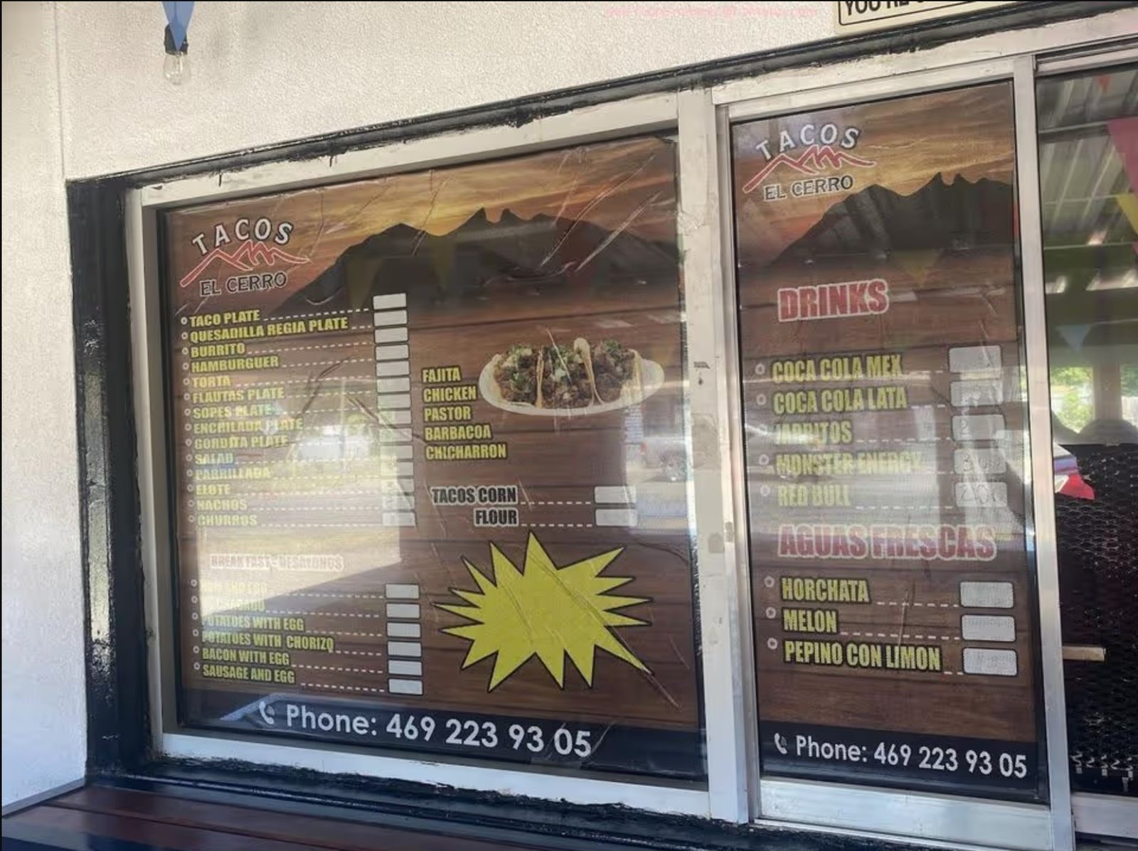 Tacos El Cerro food and drink menu board